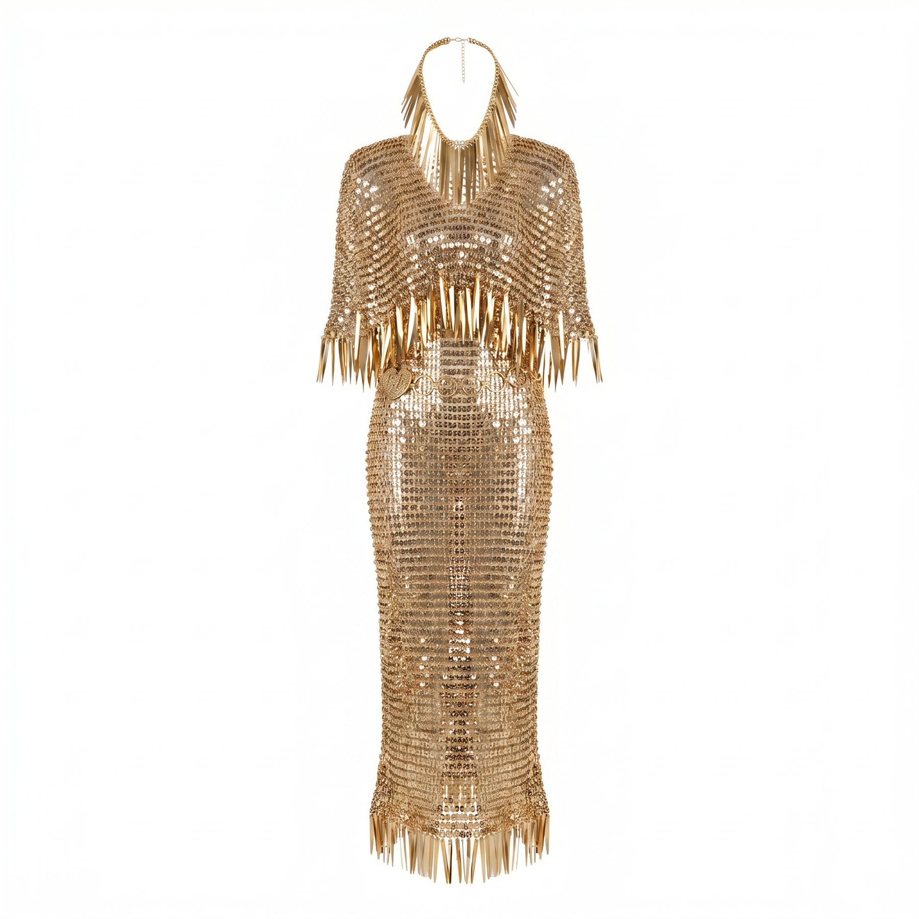 Finished gold-color metal mesh statement fashion piece