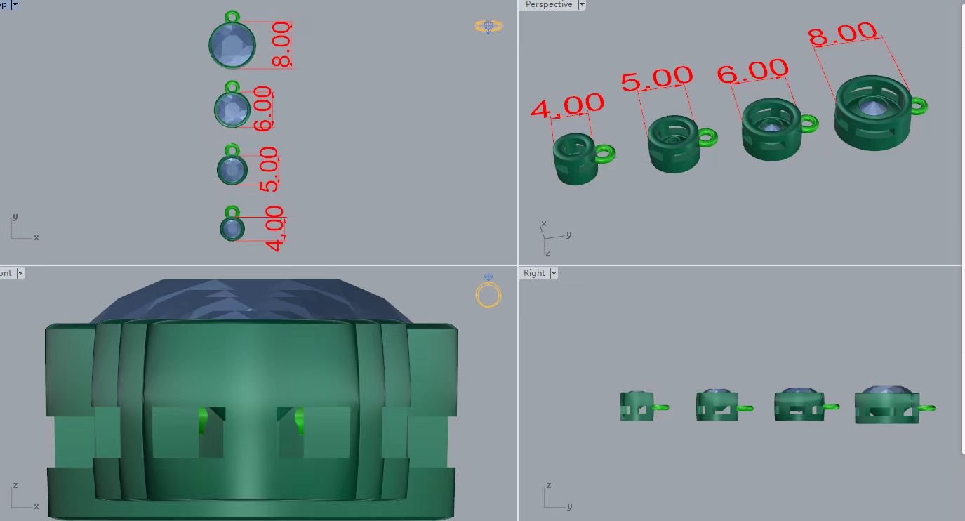 Original 3D component sizing file showing four graduated round stone settings