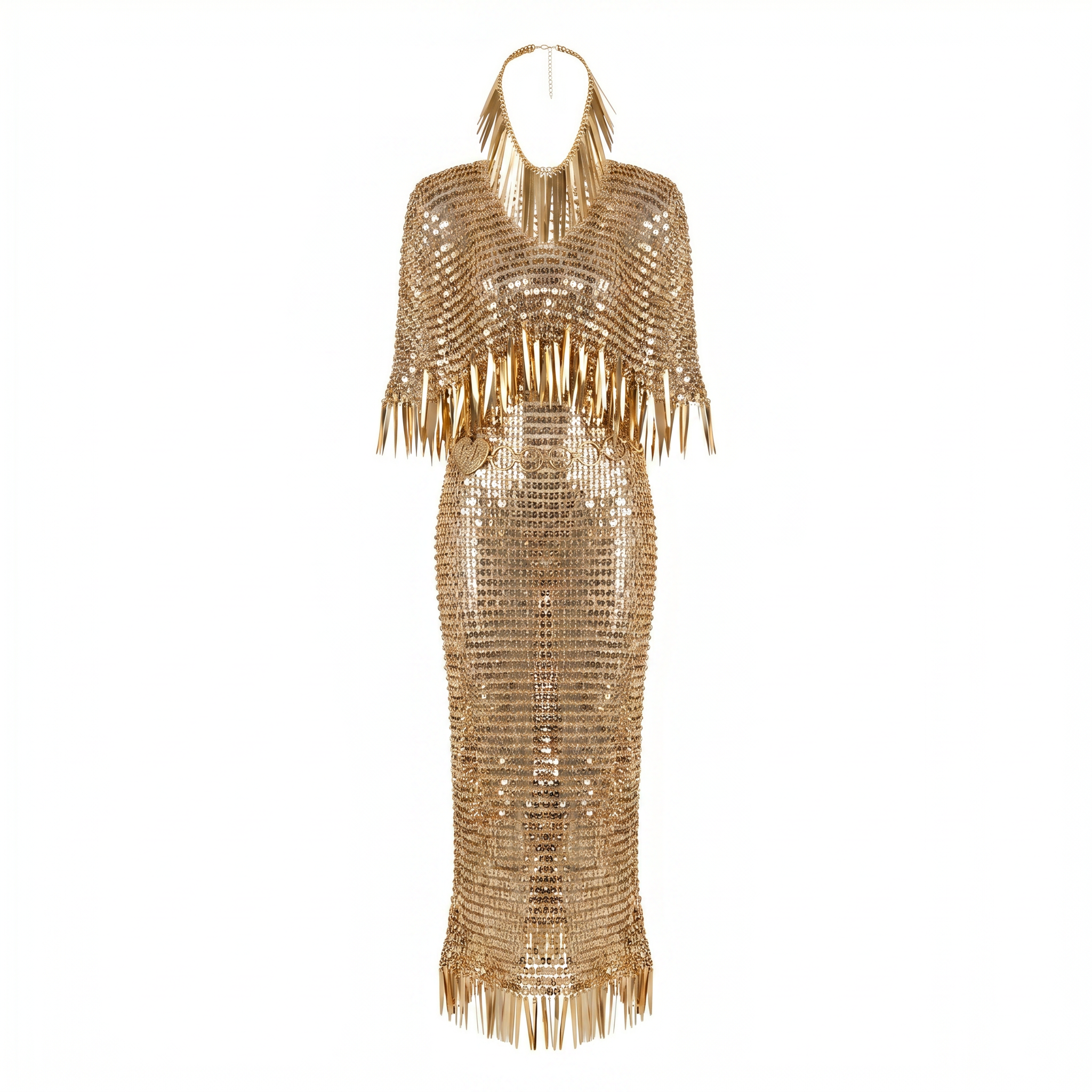 Original gold metal mesh statement outfit developed by QiuQiu